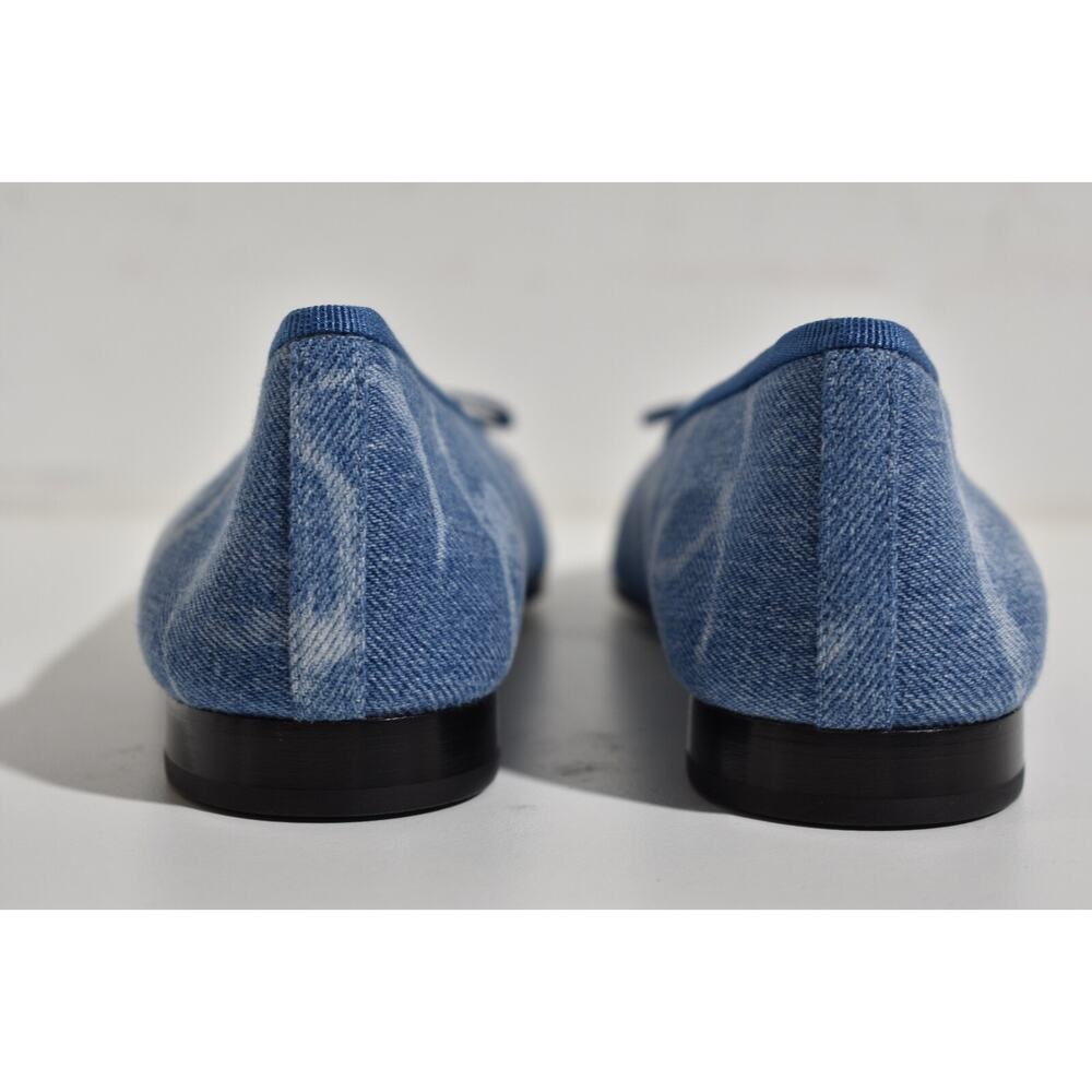 Chanel 23B Printed Denim Blue White CC Logo Bow Tie Ballet Ballerina Flat 37.5 - Picture 11 of 12
